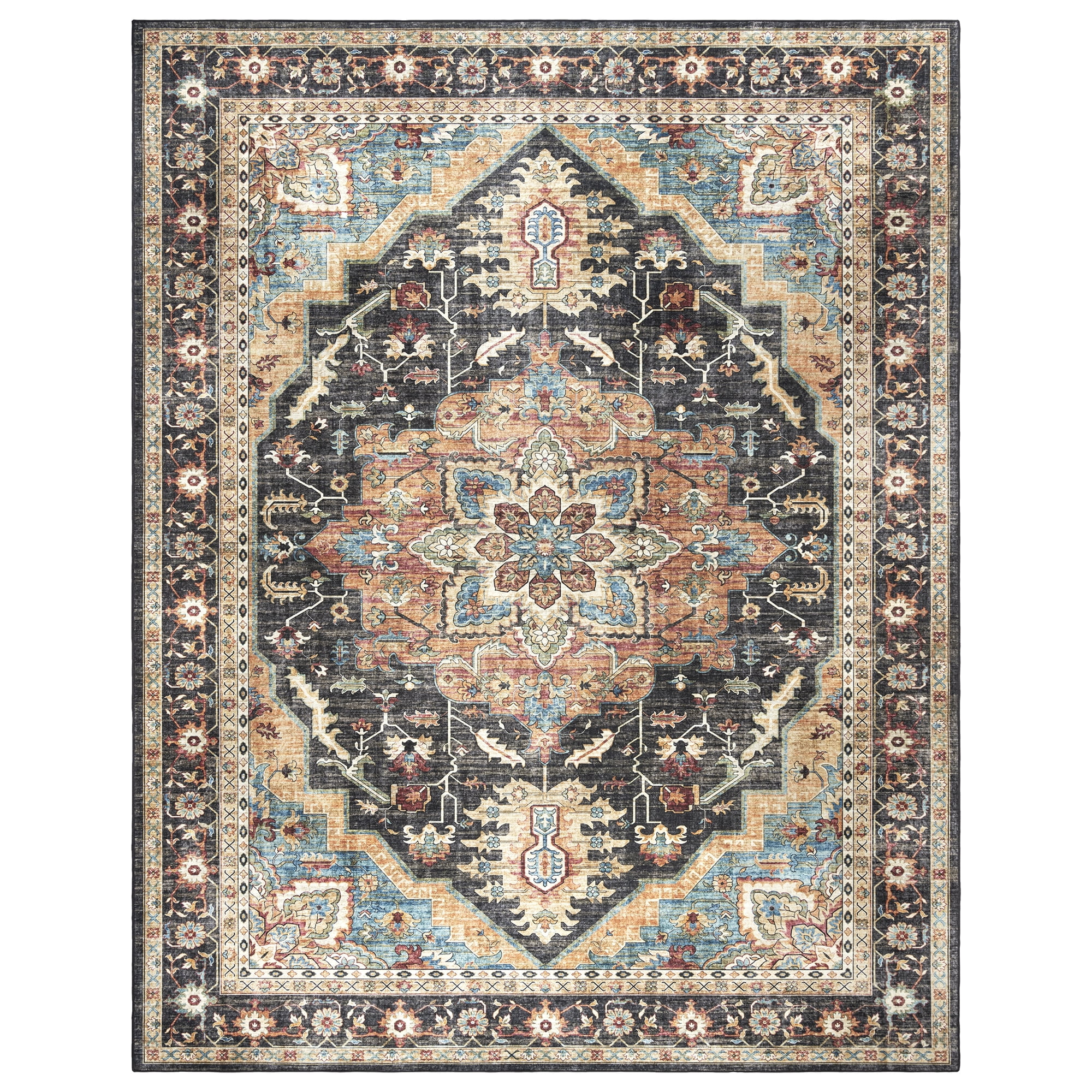 Crystal Print Tiefi Traditional Oriental Black Multi Washable Indoor Area Rug, 5x7