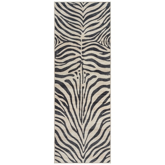 Crystal Print Zebra Modern Black White Striped Non-Slip Washable Indoor Area Rug, 2x6 Runner