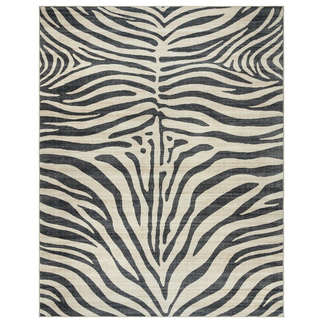 Crystal Print Zebra Washable Modern Striped Black White Rectangular Indoor Area Rug by Gertmenian, 8x10
