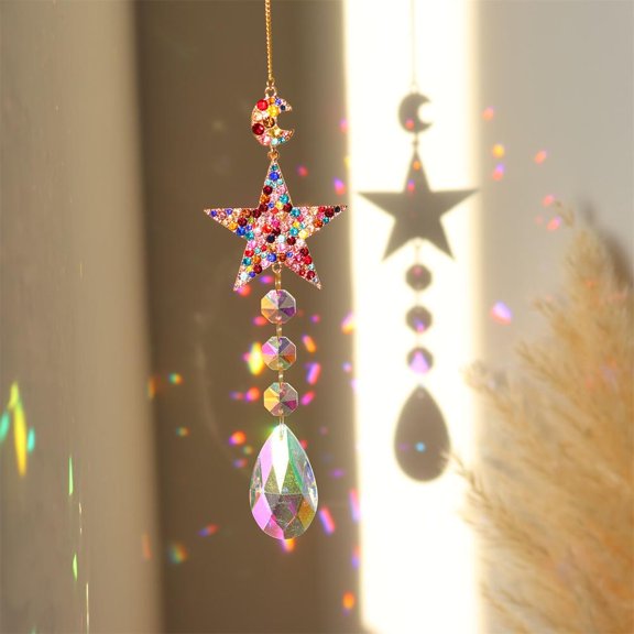 Crystal Prism Sun Catcher Ornament Colored Diamond Suncatcher Wind Chimes Hanging Pendant Sun Moon Star Rainbow Catcher Window Garden Home Decor