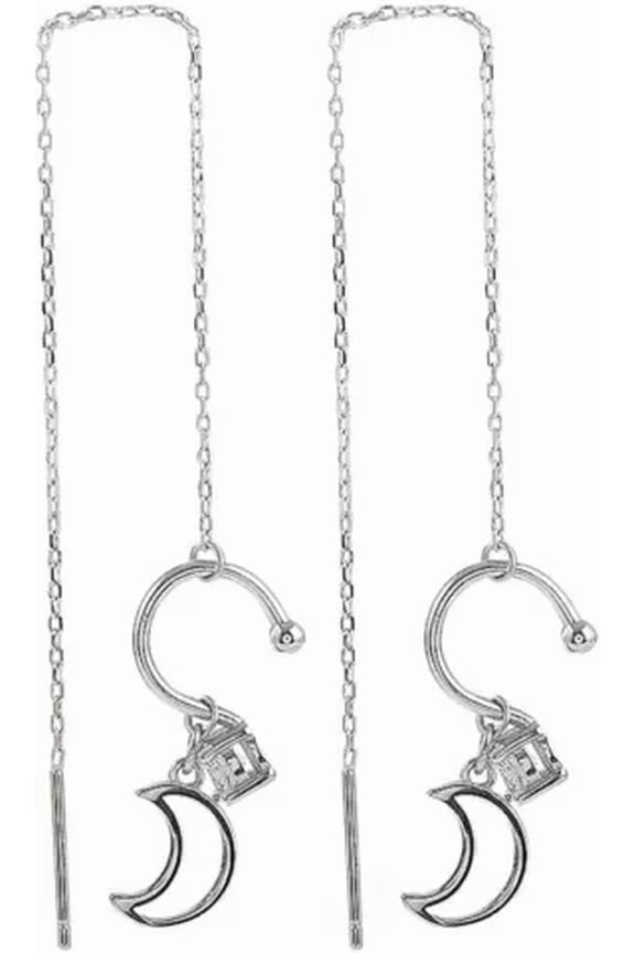 Crystal Quality Silver Long Tassel Threader Cuff Earrings Ear Line Clip Drop Dangle Gift-21-Moon[x074]