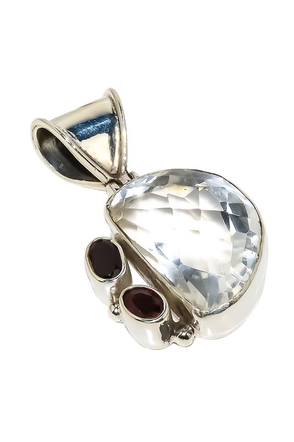 Crystal Quartz & Garnet Solid 925 Sterling Silver Pendant Size 1.46"Natural Pendant, White Pendant, 925 Silver Pendant, Crystal Pendant, Oval Pendant