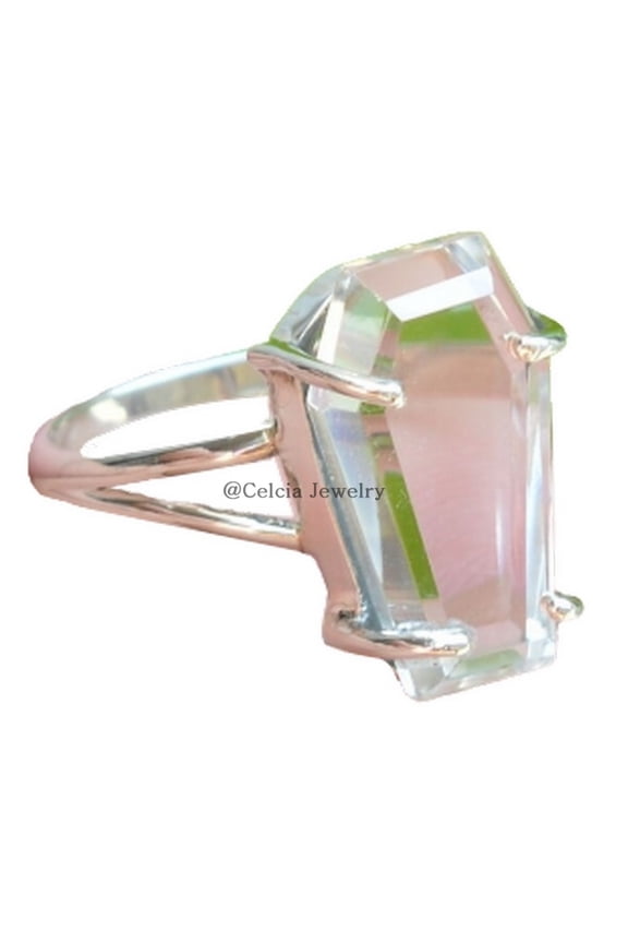 Crystal Quartz Gemstone Coffin Ring, Genuine 925 Sterling Silver, Statement Ring, Unique Gifts For Women, Anniversary Gift Ring, Proposal Ring, Bridesmaid Gift (Crystal Quartz)