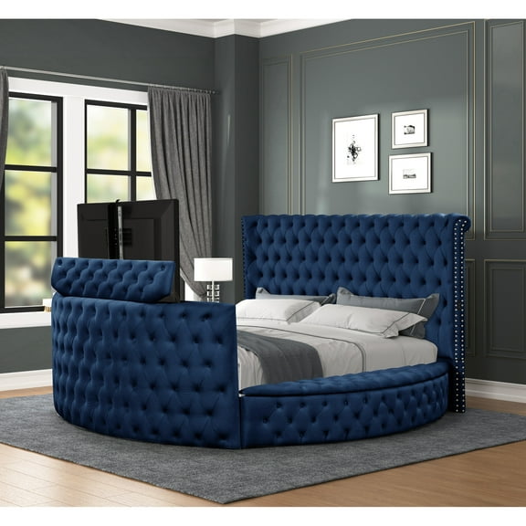 Crystal Queen Bed In Blue, Made From Wood For Bedroom Elegance Modern Blue With Build And Stylish Headboard