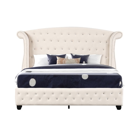 Crystal Queen Bed In Cream, Stylish Bedroom Sophistication Cream With Accent, Modern