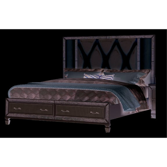 Crystal Queen Bed In White Wood Construction - Modern Design With Glared And Led Headboard System Feature For Bedroom Storage