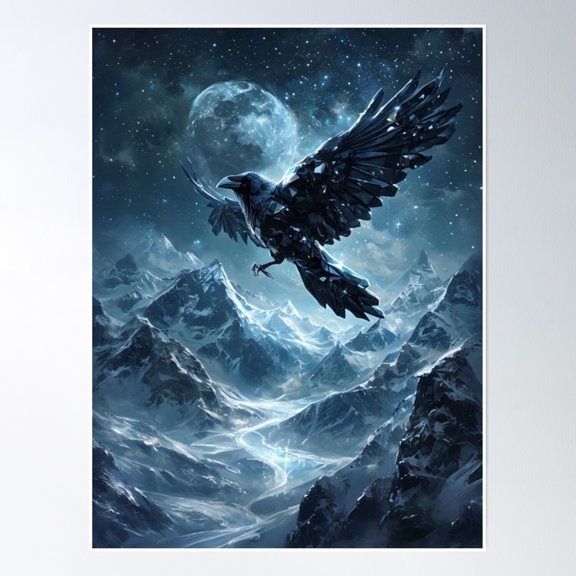 Crystal Raven Over Moonlit Mountains Poster Wall Art, Modern Wall Decor, 12x18 UNFRAMED