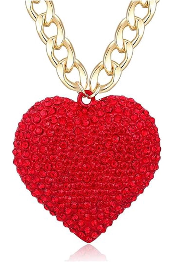 Crystal Red Heart Necklace Hip Hop Gold Chunky Choker Necklace Cuban Link Chain Heart Pendant Statement Jewelry