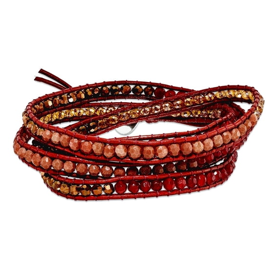 Crystal Red Quartz/ Red Sand Stone And Leather Multi-colored Multi-wrap Bracelet 7mm Wide Wrap Bracelet for Women
