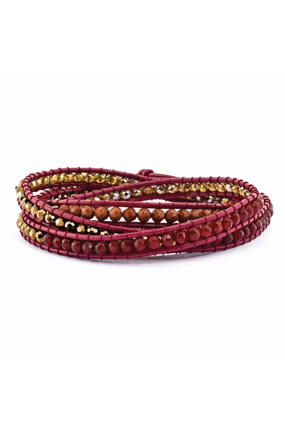 Crystal Red Quartz/ Red Sand Stone And Leather Multi-wrap Bracelet - Measures 7mm Wide