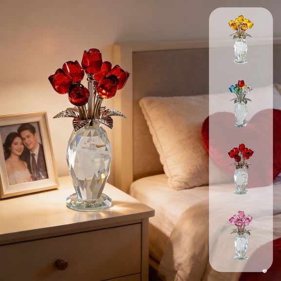 Crystal Red Rose Bouquet Ornament | Decorative Faceted Crystal Flower Figurine | Valentine’s Day Gift | Premium Sparkling Home Office Desktop Accent | Everlasting Romantic Keepsake | 14.3x7.3cm