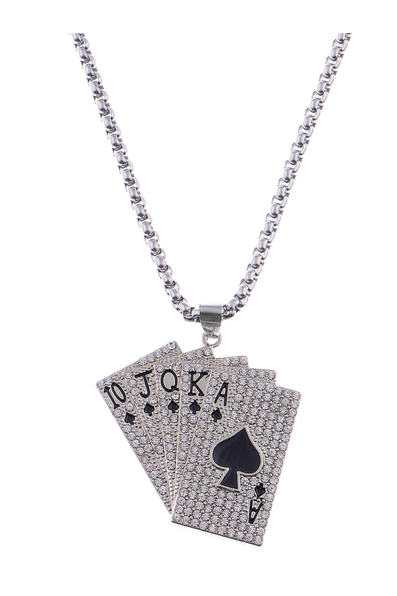 Crystal Rhinestone Ace of Spades Royal Flush Playing Cards Vegas Good Luck Pendant Necklace