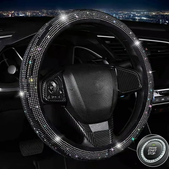 Crystal Rhinestone Bling Steering Wheel Cover, Sparkling Diamond Car SUV Wheel Accessories for Women, Men Universal Fit 15 Inch Steering Wheel Protector