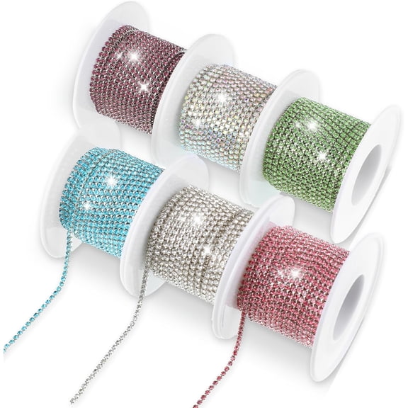 Crystal Rhinestone Chain, 6 Rolls 33 Yards Crystal Rhinestone Chain Trim for Crafts, 2 Mm Sew on Beaded Trim Rhinestones Ribbon String Fringe Rope for Clothes Sewing DIY Crafts Jewelry Making