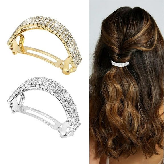 Crystal Rhinestone Hair Clips,Tutuviw 2Pcs Half Circle Spring Grip Ponytail Holder,Glitter Diamond Metal Hair Barrettes,Jewelry Hair Accessories for Women Girls Gifts (Gold & Silver)