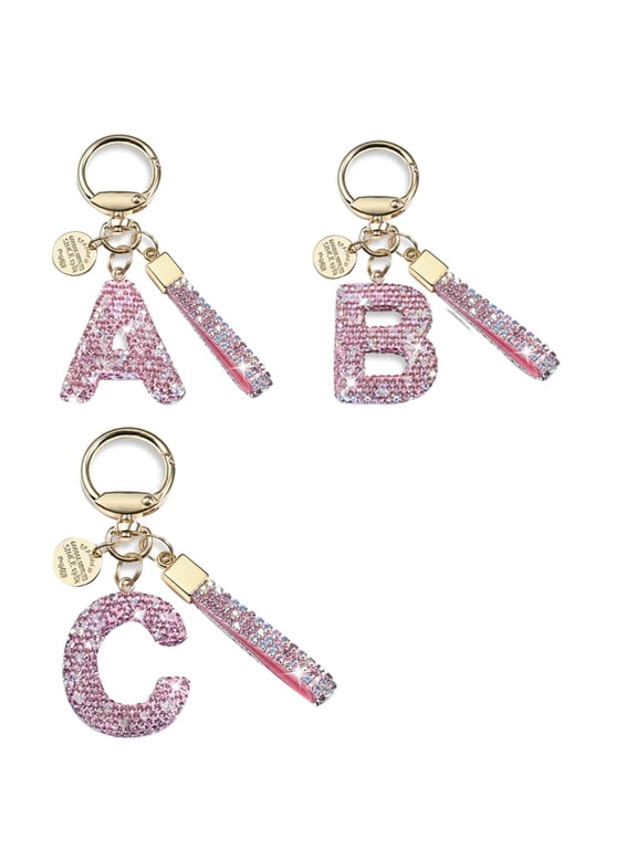 Crystal Rhinestone Initial Keychains, Bling A/B/C Letter Pendant for Purse & Car, Gift for Women, Pink, 2 Pack (Random A, B, C Mix)