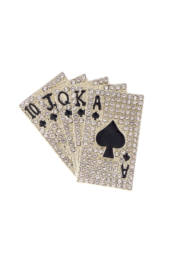 Crystal Rhinestone Royal Flush Poker Playing Hand Cards Brooch Pin, Gold