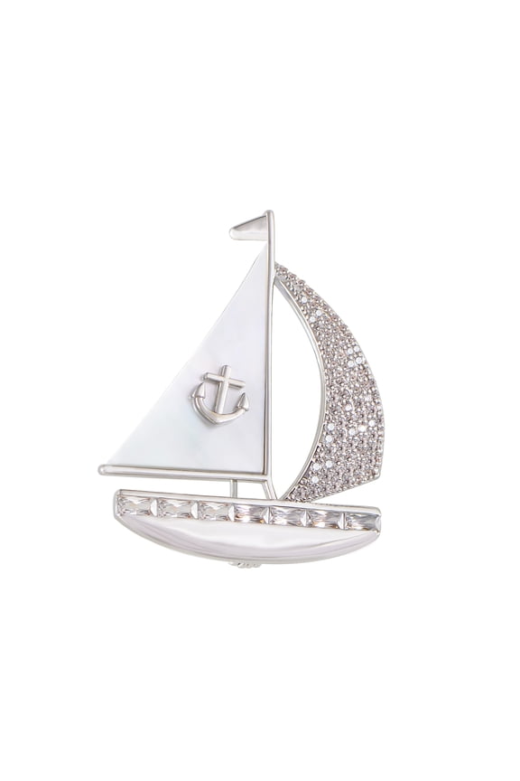 Crystal Rhinestone Sail Boat Brooch Pin - Nautical Sailor Navy Rudder Sailboat Anchor Sea Anchor Accessories Brooch,Silver