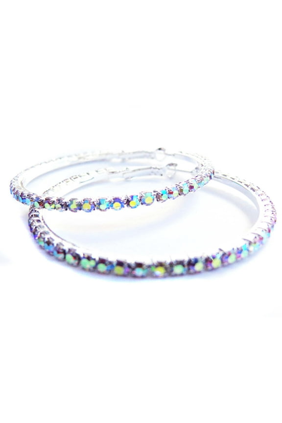 Crystal Rhinestone Silver Tone Hoop Earrings 2 inch Hoops Iridescent ABS