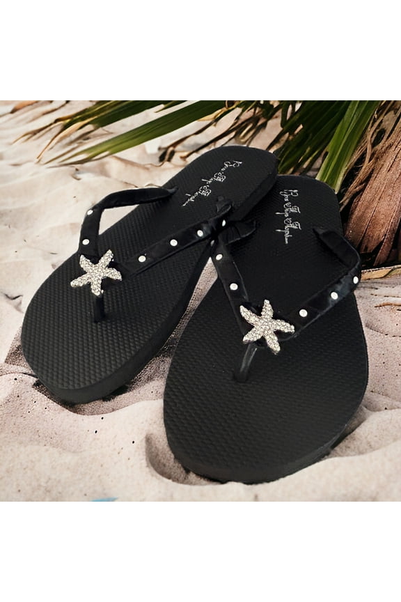 Crystal Rhinestone Starfish Flip Flops on Black Flat Sandals