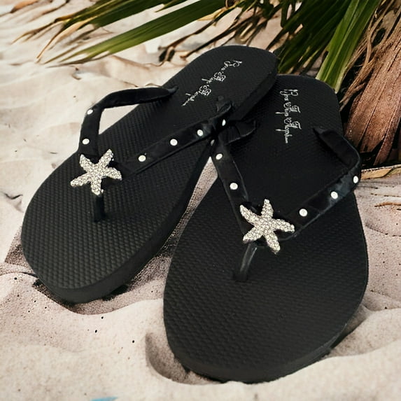 Crystal Rhinestone Starfish Flip Flops on Black Flat Sandals