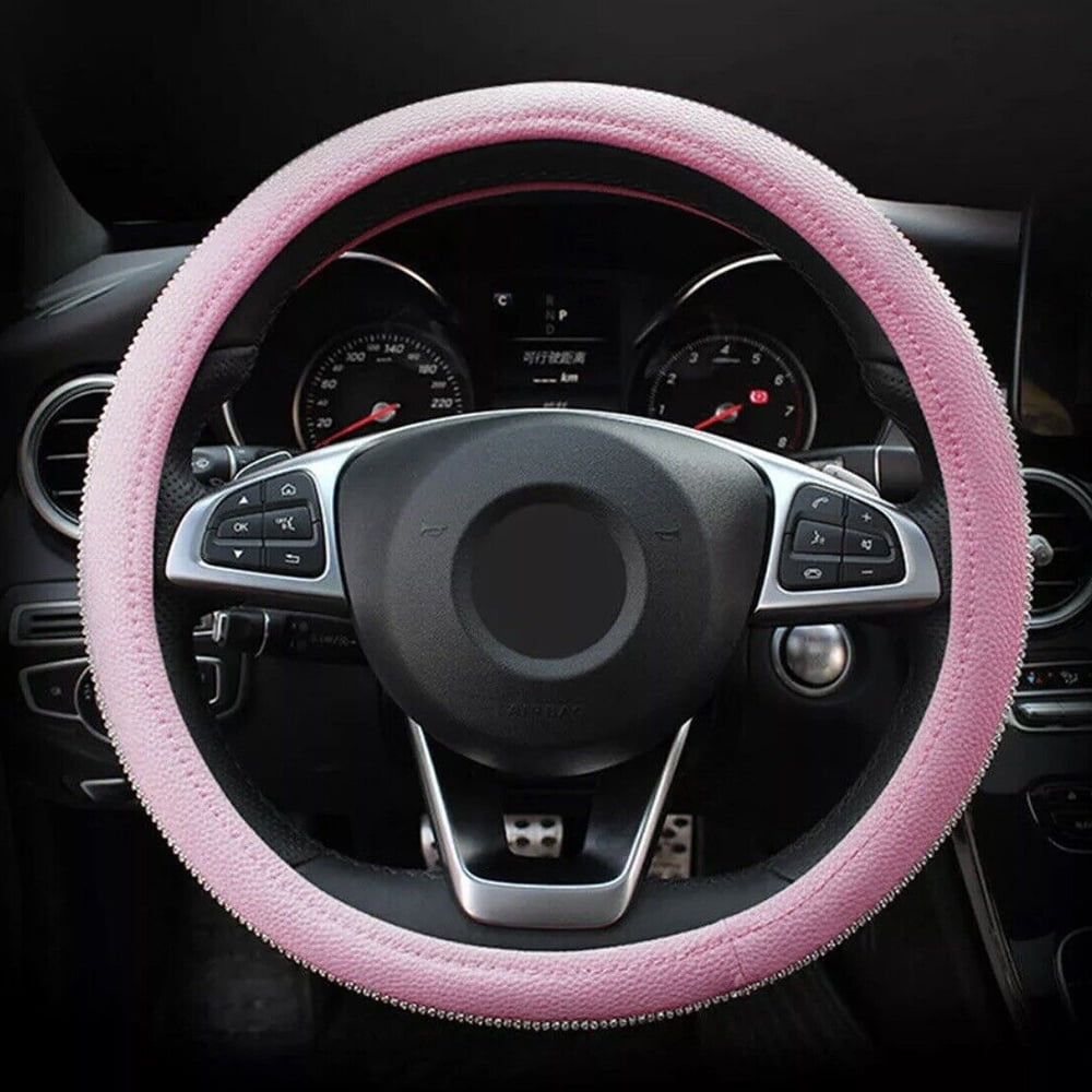 Crystal Rhinestones Steering Wheel Cover for Women Girls, Bling Diamond Pink Leather Steering Wheel Cover Universal 15 Inch Wheel Protector