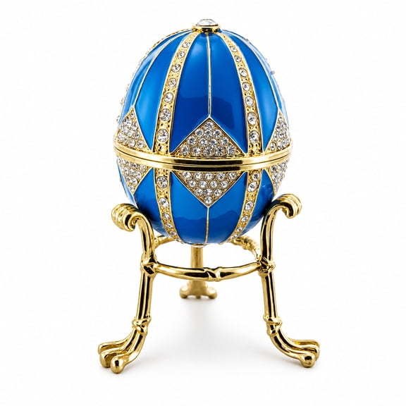 Crystal Rhombus on Blue Enamel Royal Inspired Metal Easter Egg 3.15 Inches