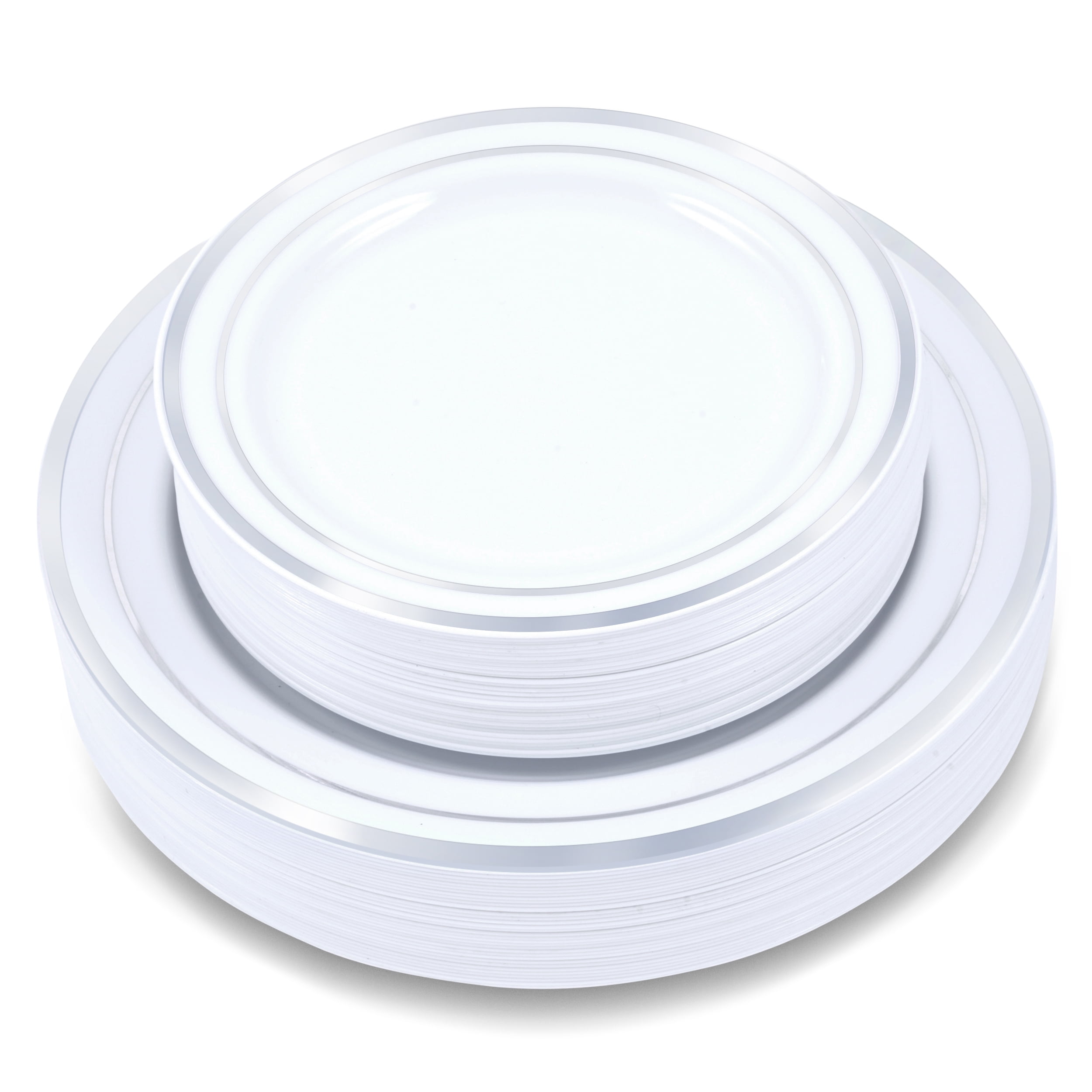 Crystal Ridge Premium Tableware 60-Piece White with Silver Rim Plastic Plates Set - 30 Dinner Plates & 30 Salad Plates Disposable/Reusable for Party/Holidays/Weddings