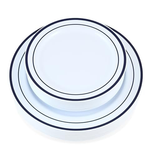 Crystal Ridge Tableware 60 Pieces White Plastic Disposable Plates - Premium Heavy-Duty 30 Dinner Plates & 30 Salad Plates with Navy Rim Ideal for Party, Birthday and Special Events