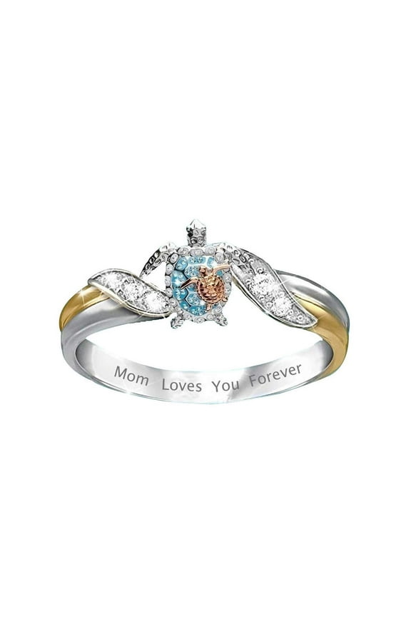 Crystal Rings, Ocean Ring, Crystal Animals Healthy Longevity Sea Turtle Ring, Mom Loves You Forever Ring for Women, Best Jewelry Gifts Jewelry for Mom at Mother's Day, Silver
