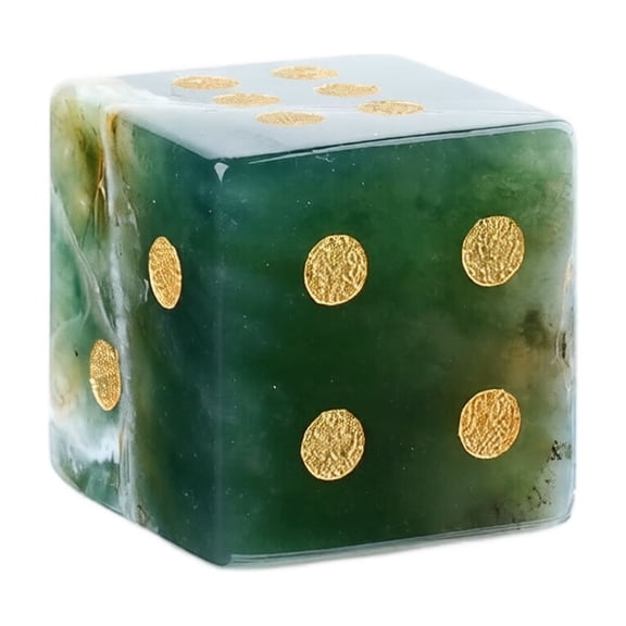 Crystal Role Playing Dice with Carved Gold Pips, Set of 2, Green and White Stone, for Tabletop Games, Game Pieces