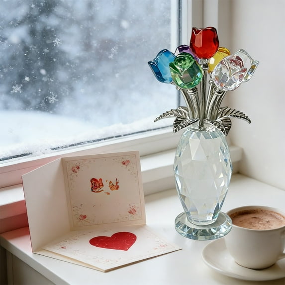 Crystal Rose Bouquet in Vase, 5.6 Inch Tall Red Crystal Flower Arrangement, Valentine's Day Gift for Wife, Mother, Girlfriend, Elegant Desk Decor, Office Home Shelf Display, Anniversary Keepsake