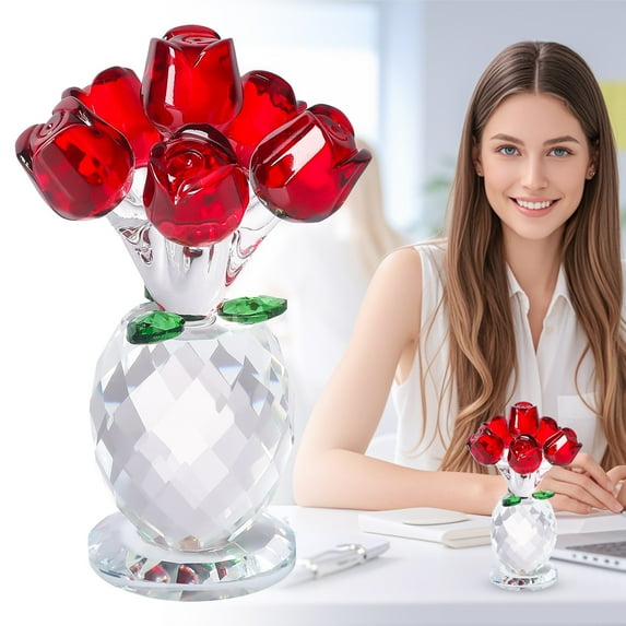 Crystal Rose Figurine with Base,Glass Flower Bouquet Gifts for Women Girlfriend Wife,Handmade Crystal Flower Collectible Home Table Decor for Christmas, Valentines Day, Wedding, Anniversary, Red