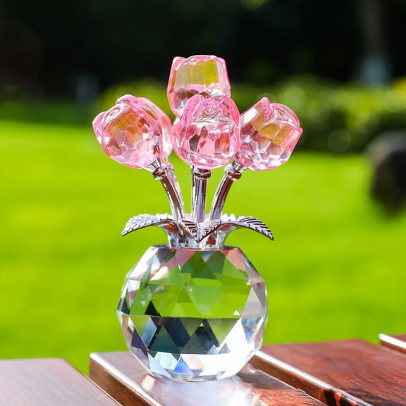 Crystal Rose Flower,3.3x5.2 Inch Crystal Rose Bouquet with Vases,Crystal Small Ornament,Glass Rose Gifts for Wife Girlfriend Mom,Home Table Decor for Mother's Day Birthday Wedding Anniversary