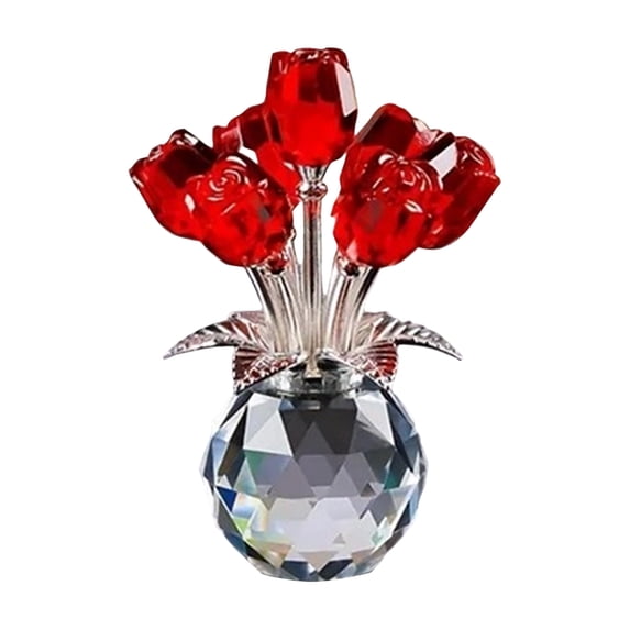 Crystal Rose Flower Figurine with Round Vase – Glass Flowers with Stems – Exquisite Crystal Gift for Mother’s Day and Home Decor (Red)