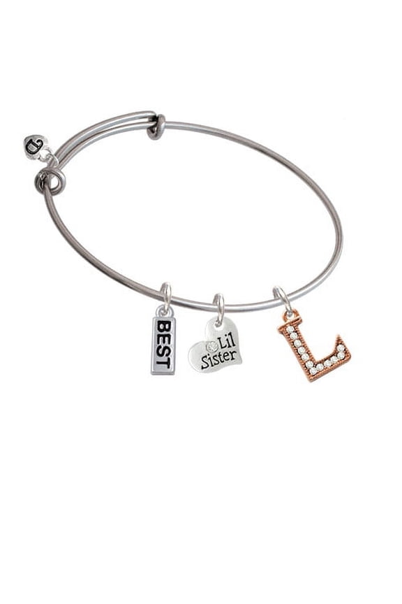 Crystal Rose Gold Tone Initial - L - Lil Sister Heart Expandable Bangle Bracelet