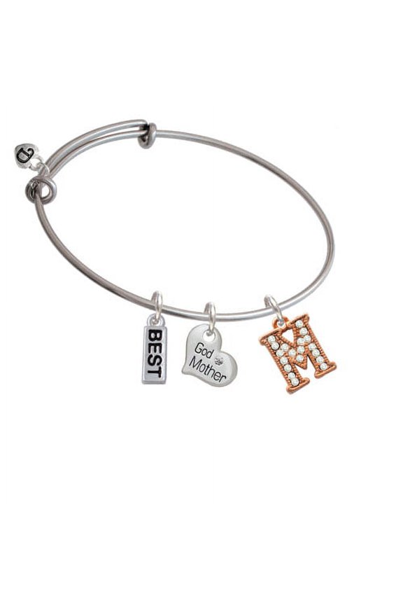 Crystal Rose Gold Tone Initial - M - God Mother Heart Expandable Bangle Bracelet