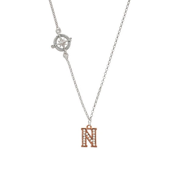 Crystal Rose Gold Tone Initial - N - Delicate Compass Necklace