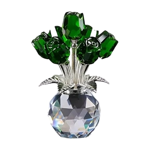Crystal Rose Ornament – 3D Glass Flowers with Base – Artificial Crystal Flowers for Home Office Table Centerpiece (Green)