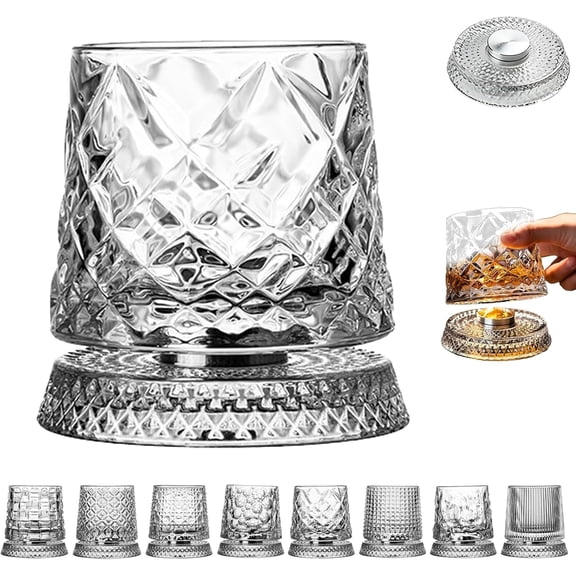 Crystal Rotating Whiskey Glass Tumbler, Rotating Whiskey Glass with 360° Spinning Base, Heavy Old Fashioned Crystal Tumbler for Bourbon, Scotch, Rum, Cocktail Gift for Men (#D)