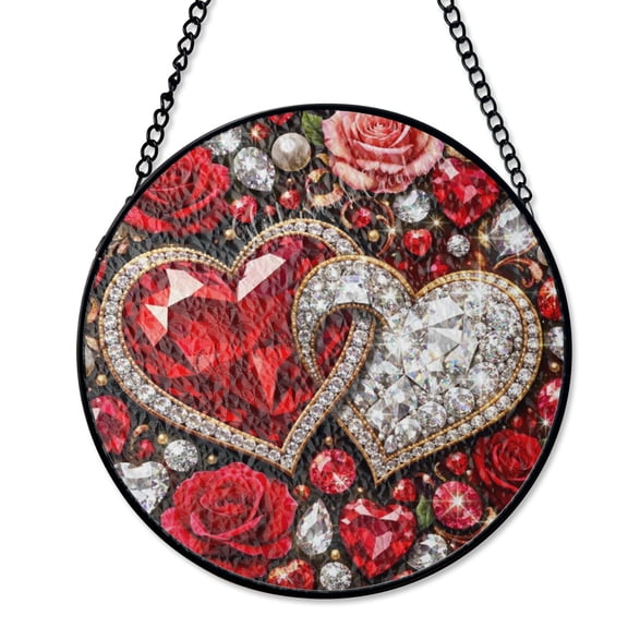 Crystal Ruby Glam Hearts Suncatcher Stained Glass Style UV Printed Luxury Valentine Gift Round