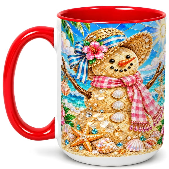 Crystal Sand Snowman Coffee Mug, Coastal Holiday Mug, Ceramic Cup