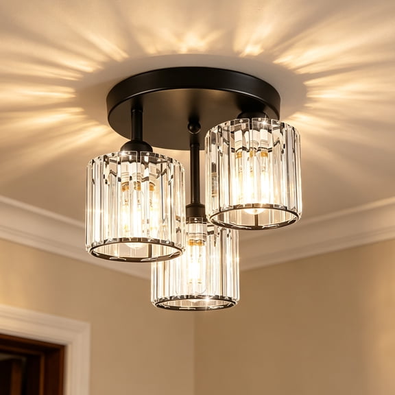 Crystal Semi Flush Mount Ceiling Light, 11inch 3-Light Modern Ceiling Light Fixtures, Kitchen Light Fixtures with Clear Crystal Shade, Hallway Light Fixtures for Hallway Bedroom Bathroom, Black