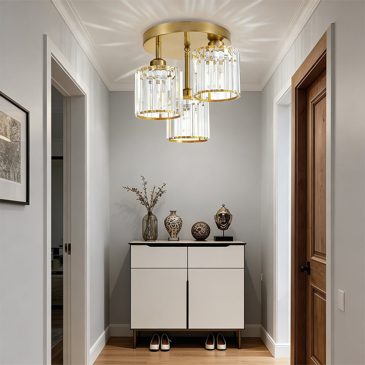 Crystal Semi Flush Mount Ceiling Light, 3-Light Close to Ceiling Light Fixtures, Modern Light Fixtures with Clear Crystal Shade, for Hallway Foyer Entryway Bedroom Kitchen, Gold