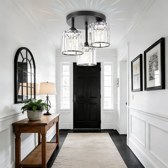 Crystal Semi Flush Mount Ceiling Light, 3-Light Close to Ceiling Light Fixtures, Modern Light Fixtures with Clear Crystal Shade, for Hallway Foyer Entryway Bedroom Kitchen, Black