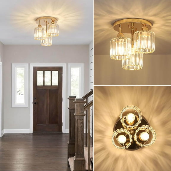 Crystal Semi Flush Mount Ceiling Light, 3-Light Gold Kitchen Light Fixture with Clear Crystal Shade for Hallway Bedroom Bathroom, Modern Low Ceiling Lighting
