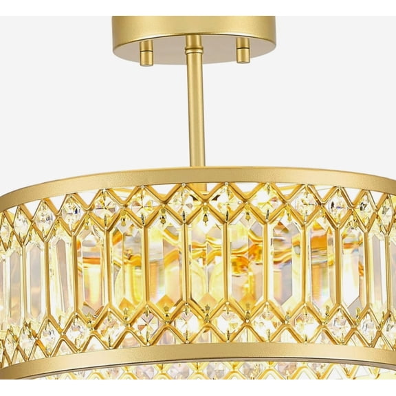Crystal Semi Flush Mount Ceiling Light, Gold Metal Frame, E12 Base 3-Light, 12.2 Inch Round Fixture for Living Room