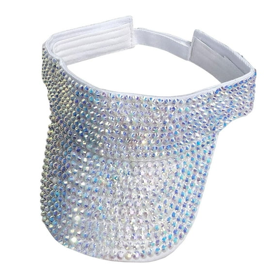 Crystal Sequin Bling Visor Sun Hat Adjustable Glitter Wide Brim White