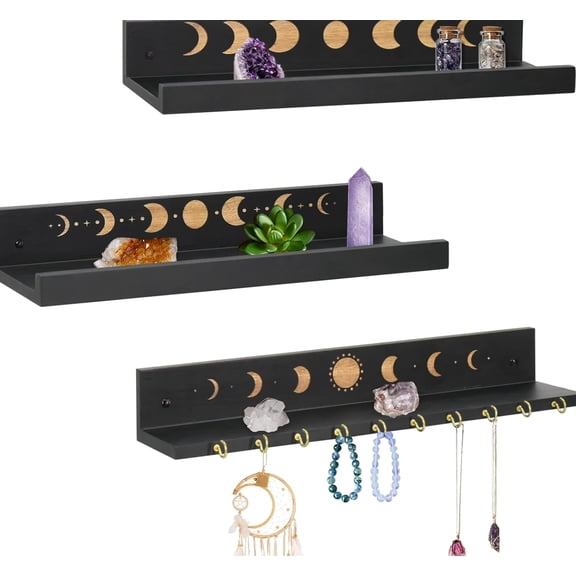 Crystal Shelf with Hooks, Moon Phase Wall Display Set of 3, Solid Wood Floating Shelves, 15.8 Inch, Black