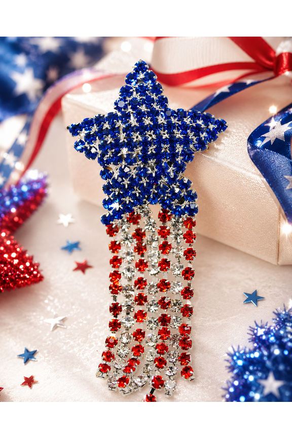 Crystal Shooting Star Brooch Red White Blue Rhinestone Shooting Star Pin USA Patriotic 4th of July Independence Day Gift,